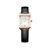 Front-facing view of the Baume & Mercier Hampton M0A10752 ladies' watch, featuring a silver opaline dial with gilded Arabic numerals at 6 and 12 o'clock, gilded sword-shaped hands, polished 18K pink gold and titanium rectangular case, and an interchangeable black alligator leather strap.
