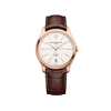 Front-facing view of the Baume & Mercier Clifton M0A10802 men's watch, featuring an off-white grained dial with crosshair pattern, black minute track, gilded trapezoid-shaped indexes, Arabic numeral at 12 o'clock, alpha-shaped hands, satin-finished 18K rose gold case, and an interchangeable brown alligator leather strap.