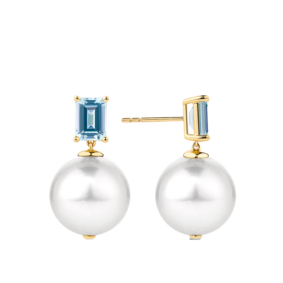 Australian South Sea Pearl and Aquamarine Drop Earrings in 18ct Yellow Gold