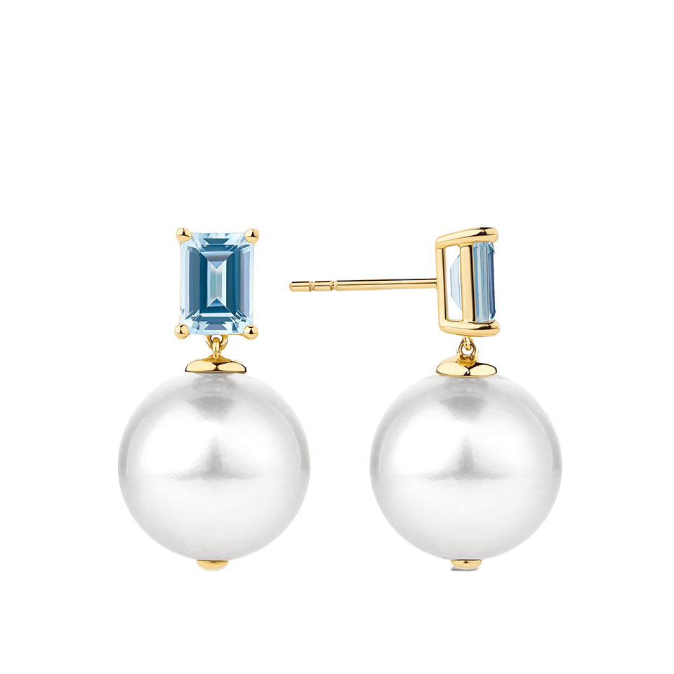 Hardy Brothers Jewellers | Australian South Sea Pearl and Aquamarine Drop Earrings in 18ct Yellow Gold
