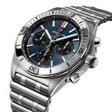 Breitling Chronomat B01 Chronograph 42mm Watch AB0134101C1A1 shows the unidirectional ratcheted bezel and cambered sapphire crystal from an angled perspective. The signature Rouleaux bracelet connects seamlessly to the 42mm case.