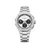 Front-facing view of the Baume & Mercier Riviera M0A10827 men's chronograph watch, featuring a bold black and white 1950s-inspired dial with snailed chronograph counters, Roman numerals and indexes with white SuperLuminova, rhodium-plated hands, polished twelve-sided stainless steel case, and a matching integrated polished and satin-finished stainless steel bracelet.