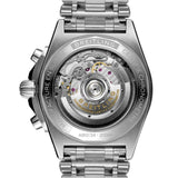 Breitling Chronomat B01 Chronograph 42mm Watch AB0134101C1A1 features a screwed-in sapphire crystal case back revealing the self-winding Breitling Manufacture Caliber 01 movement. The case back sits within the 42mm stainless steel case, measuring 15.1mm in thickness.
