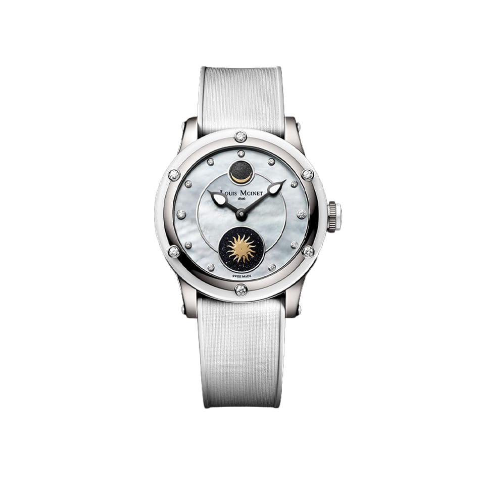 Louis Moinet Skydance Automatic LM-132.20.80 Ladies' Titanium Watch — The white mother-of-pearl dial displays eleven diamond hour markers, a golden Moon crescent on lunar meteorite, and a radiant Sun set against aventurine.