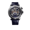 Louis Moinet Memoris Superlight Midnight Blue Automatic Chronograph, 46mm grade 5 titanium case, midnight blue grand feu enamel dial with fully exposed monopusher chronograph mechanism, transparent sapphire subdials, and midnight blue alligator leather strap, front-facing view.
