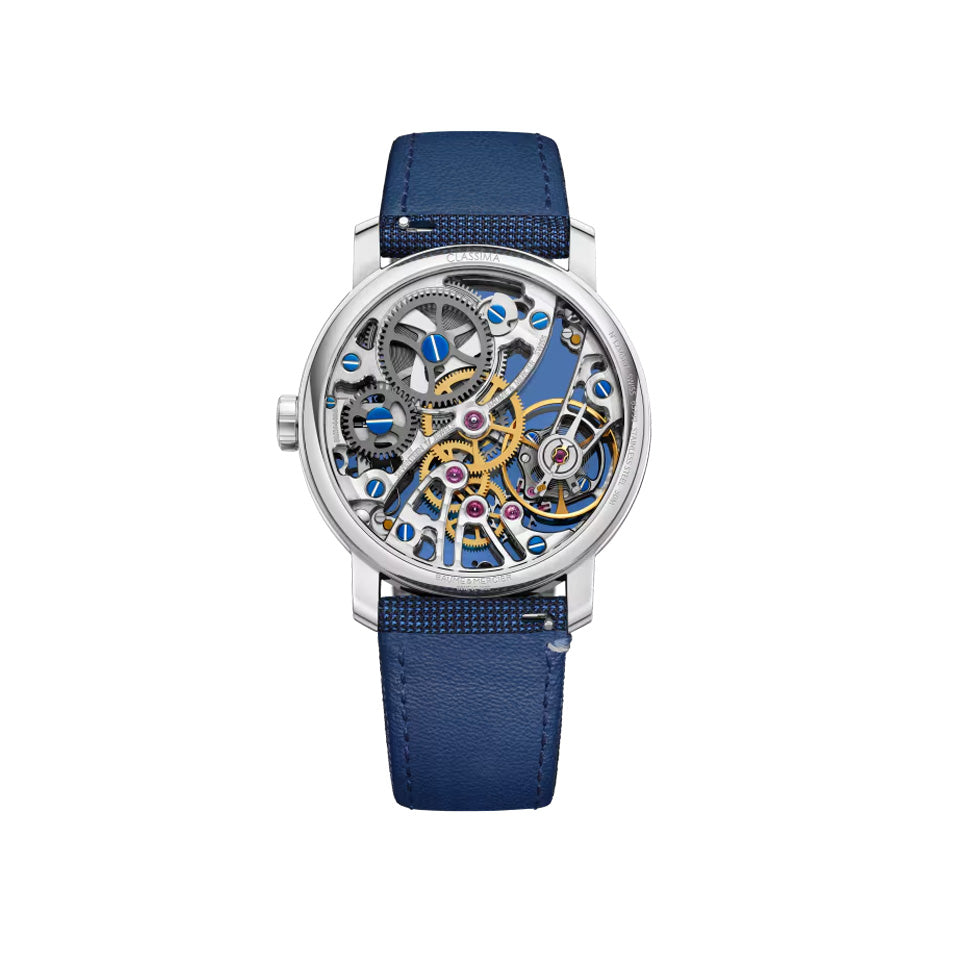 Rear-facing view of the Baume & Mercier Classima M0A10735, showing the sapphire crystal case back secured by screws, revealing the manual-winding movement within the polished stainless steel case.