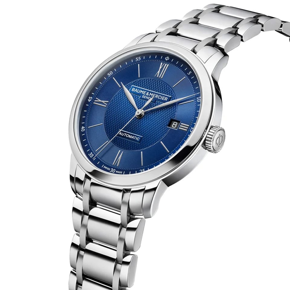 Baume & Mercier Classima Automatic 40mm Watch MOA10880 - showing steel link bracelet and blue dial