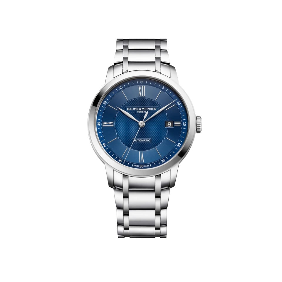 Baume & Mercier Classima Automatic 40mm Watch MOA10880 - featuring a blue dial, silver hands and day date a 3 O'Clock