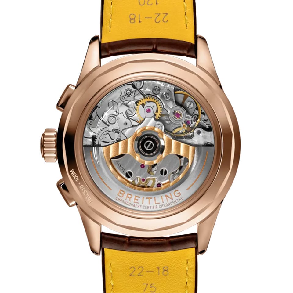 Breitling Premier B25 Datora 42mm Watch RB2510371G1P1 features a screwed-in sapphire crystal case back revealing the self-winding Breitling Manufacture Caliber B25 movement. The case back sits within the 42mm 18k red gold case, measuring 15.35mm in thickness.