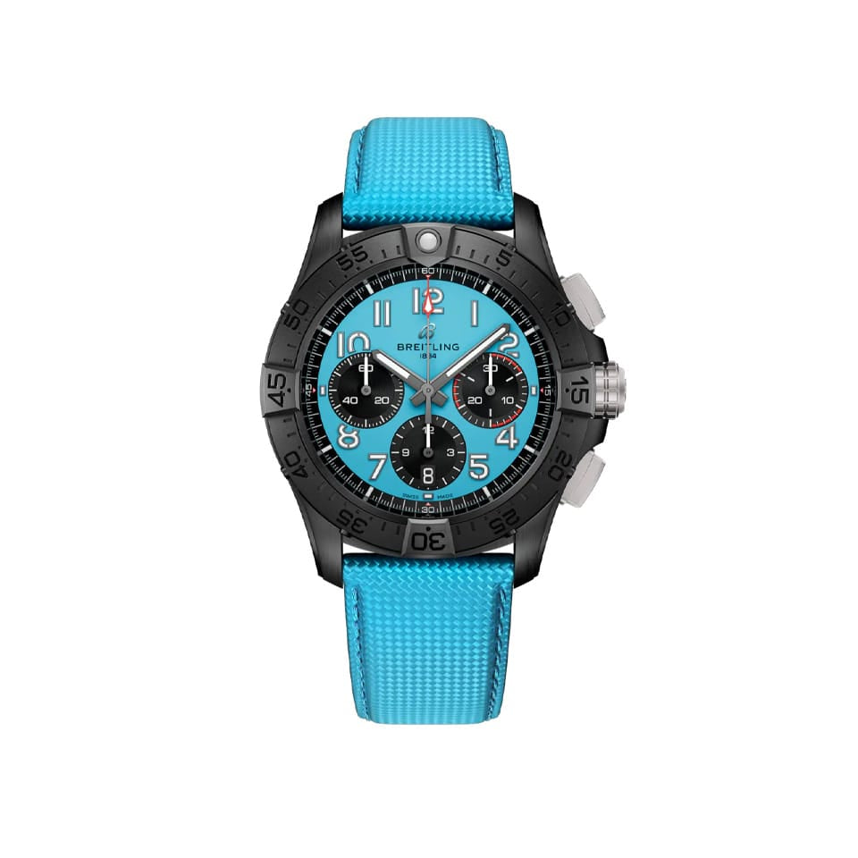Breitling Avenger B01 Chronograph 42mm Watch SB0146101L1X1 displays its turquoise dial in a military-inspired shade, built for the toughest cockpits. The ceramic case and unidirectional ratcheted bezel define the Night Mission's aviation-grade construction.