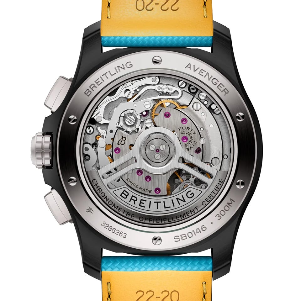Breitling Avenger B01 Chronograph 42mm Watch SB0146101L1X1 features a screw-secured case back protecting the self-winding Breitling Manufacture Caliber 01 movement. The case back sits within the 42mm ceramic case, measuring 15.15mm in thickness.