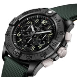 Breitling Super Avenger B01 Chronograph 46mm Watch SB0148101B1X1 shows the sapphire crystal and screw-locked crown from an angled perspective. The khaki green calfskin strap curves into the 46mm ceramic case.