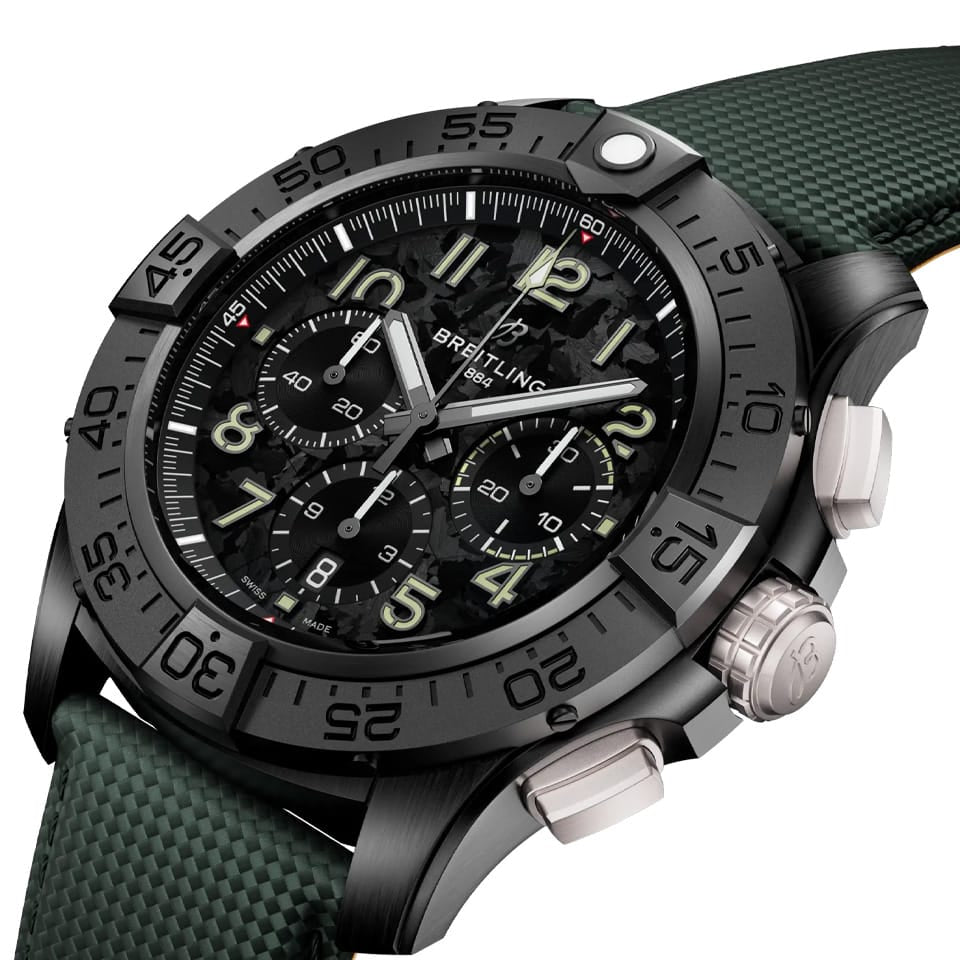 Breitling Super Avenger B01 Chronograph 46mm Watch SB0148101B1X1 shows the sapphire crystal and screw-locked crown from an angled perspective. The khaki green calfskin strap curves into the 46mm ceramic case.