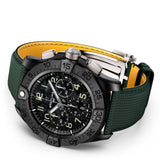 Breitling Super Avenger B01 Chronograph 46mm Watch SB0148101B1X1 reveals the detail of its khaki green calfskin leather strap. The titanium folding clasp buckle contrasts against the ceramic case and strap.