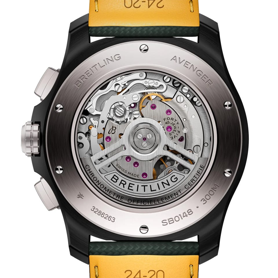 Breitling Super Avenger B01 Chronograph 46mm Watch SB0148101B1X1 features a screw-secured case back protecting the self-winding Breitling Manufacture Caliber 01 movement. The case back sits within the 46mm ceramic case, measuring 15.32mm in thickness.