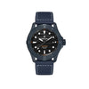 Bremont Supermarine Full Ceramic Deep Blue Automatic Men’s 43mm Watch SM43-DT-BLCER-BK-L-S shown face-on with its black wave-effect dial. Trapezoid indexes flow from the blue ceramic bezel insert onto the dial, with the date window at 3 o’clock.