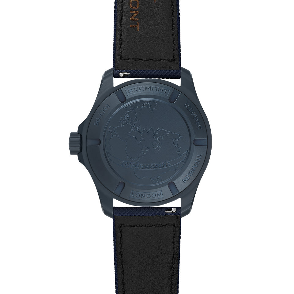 Bremont Supermarine Full Ceramic Deep Blue Automatic Men’s 43mm Watch SM43-DT-BLCER-BK-L-S showing the back of the case. The blue PVD titanium case back is engraved with a map of the world’s oceans.
