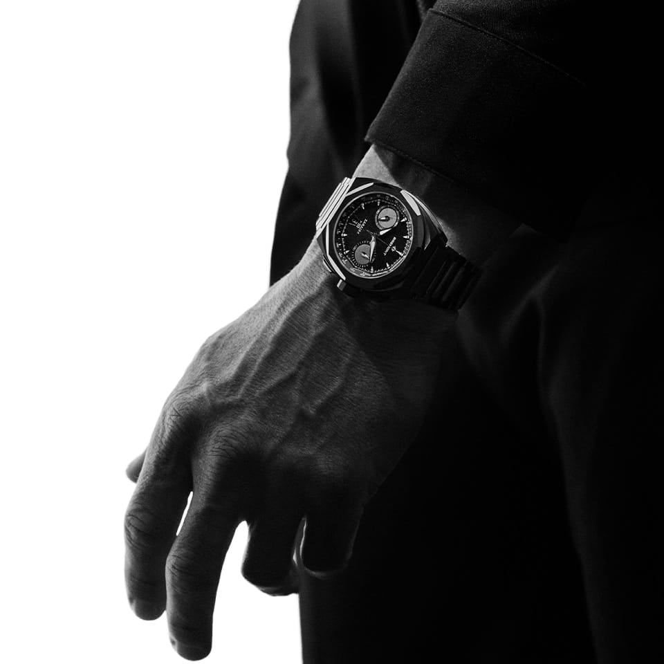 Bremont Supernova Chronograph 'Hawking' Automatic 41mm Watch SN41-CHR-DLC-HWK-B — Worn on the wrist, the 41mm case and integrated DLC bracelet sit with a bold, contemporary silhouette inspired by spacecraft engineering.