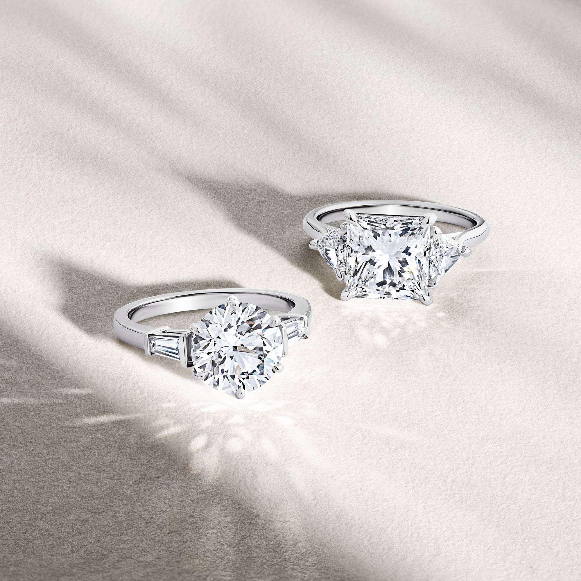 3.02 Carat Round Brilliant and Tapered Baguette Cut Trilogy Engagement Ring in 18ct White Gold