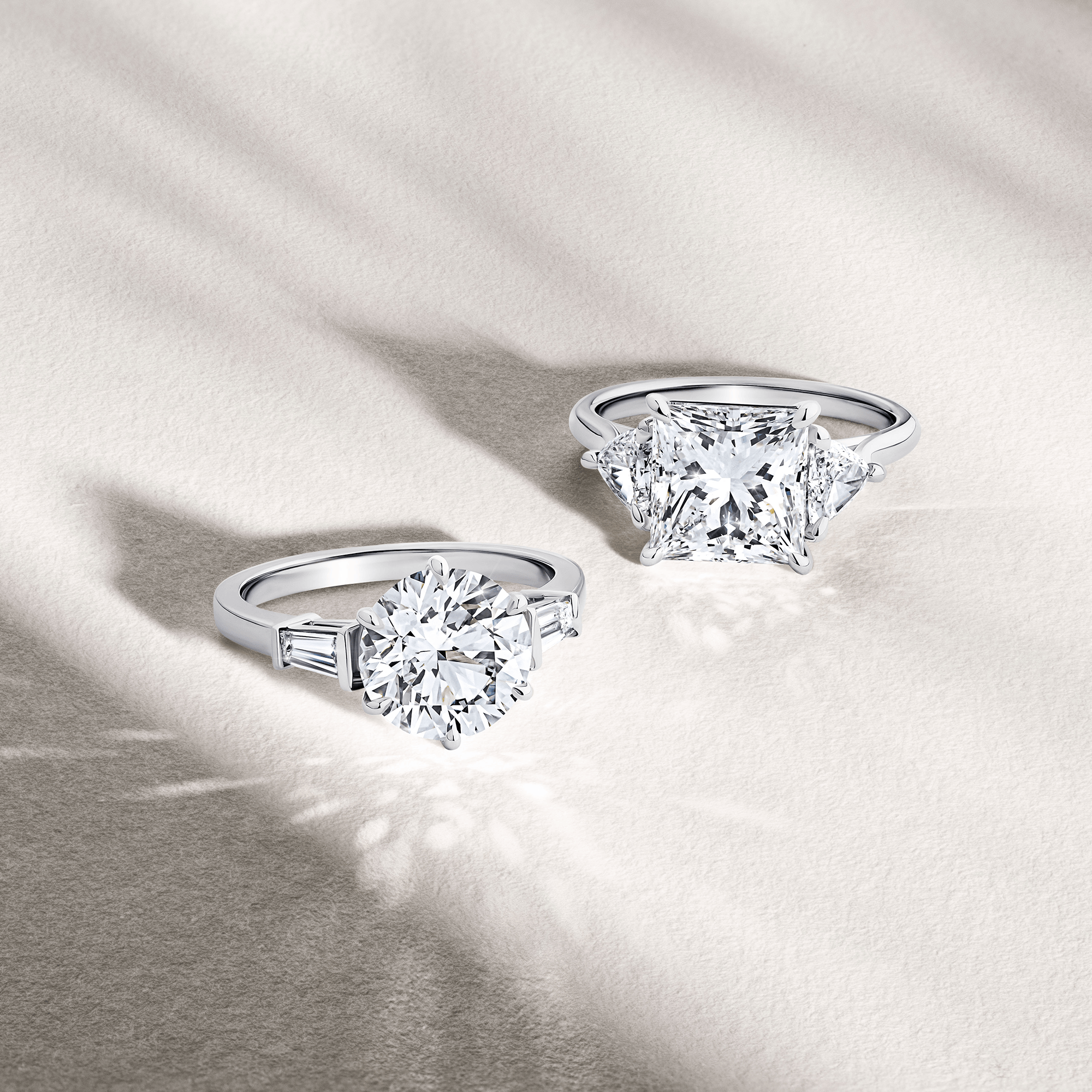 3.02 Carat Round Brilliant and Tapered Baguette Cut Trilogy Engagement Ring in 18ct White Gold