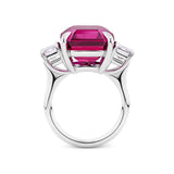 VAULT® 16.04 Carat Emerald Cut Minas Gerais Rubellite Tourmaline and 2.01 Carat Diamond Trilogy Ring in 18ct White Gold