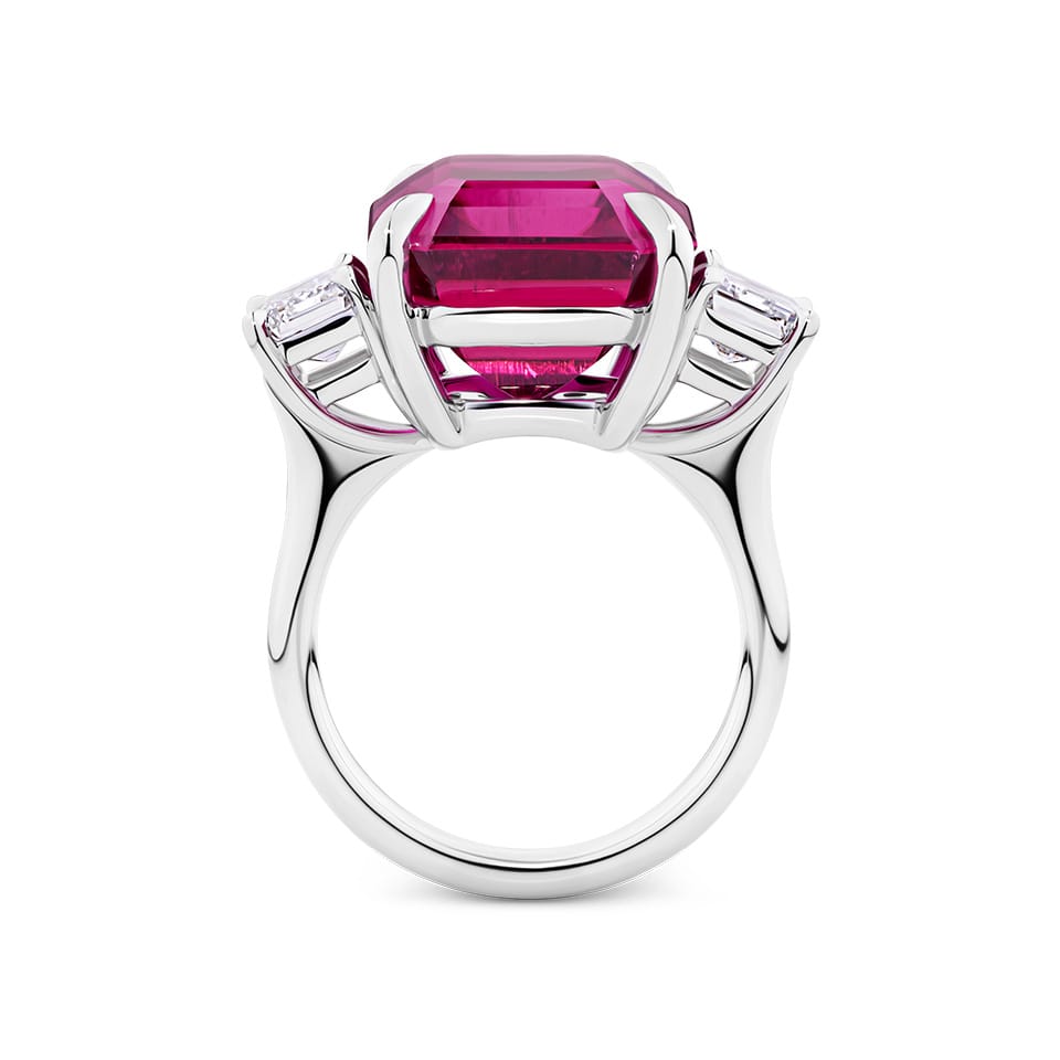 VAULT® 16.04 Carat Emerald Cut Minas Gerais Rubellite Tourmaline and 2.01 Carat Diamond Trilogy Ring in 18ct White Gold