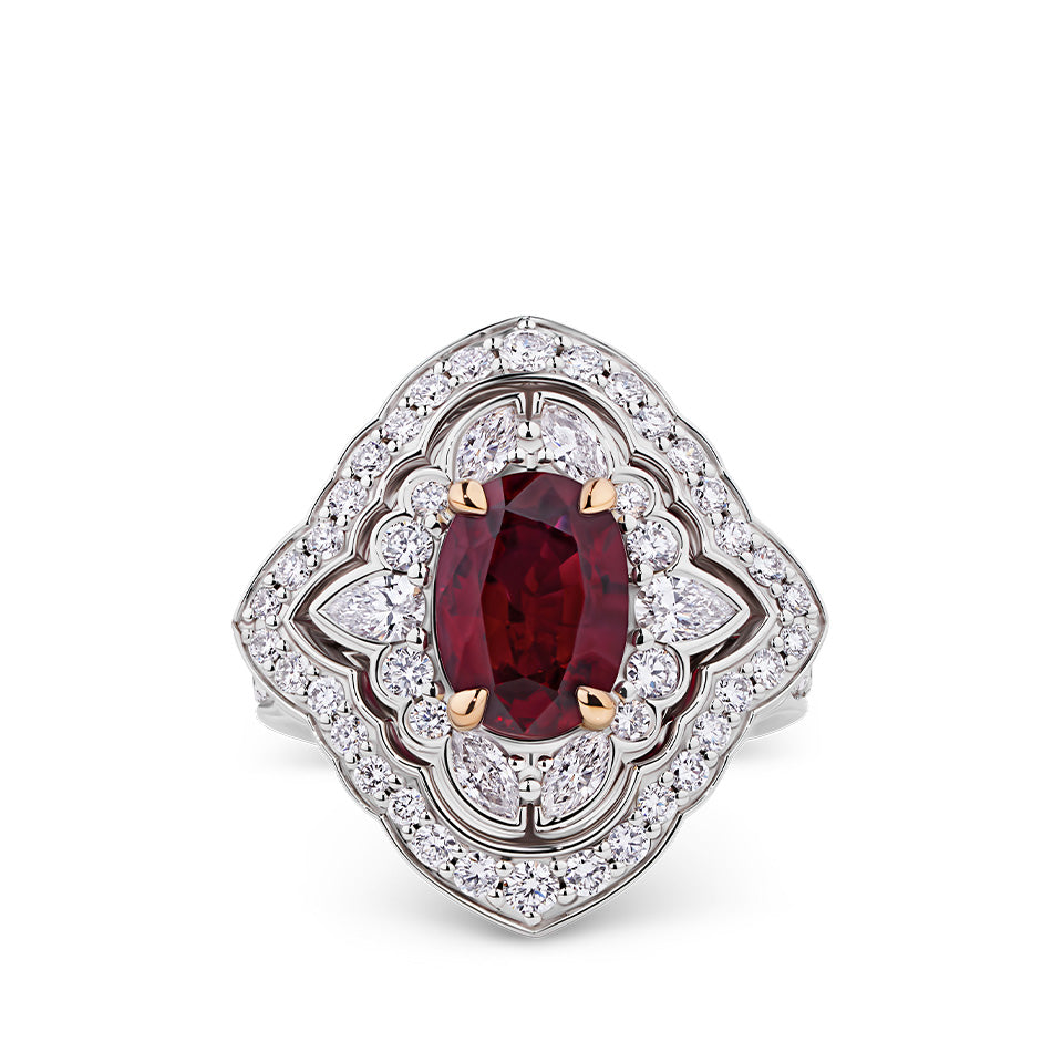 VAULT® 2.83 Carat Oval Cut Mozambique Ruby and 1.53 Carat Diamond Ring in 18ct White and Rose Gold