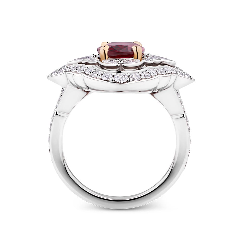 VAULT® 2.83 Carat Oval Cut Mozambique Ruby and 1.53 Carat Diamond Ring in 18ct White and Rose Gold