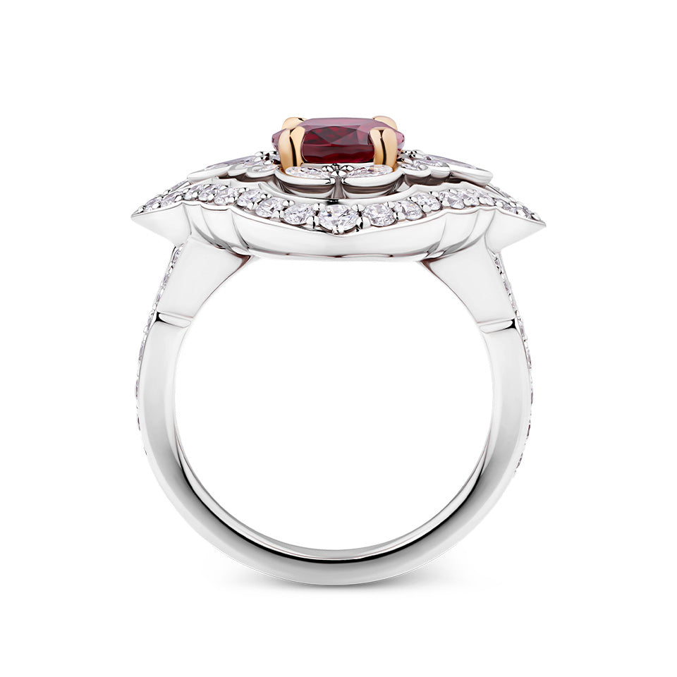 VAULT® 2.83 Carat Oval Cut Mozambique Ruby and 1.53 Carat Diamond Ring in 18ct White and Rose Gold