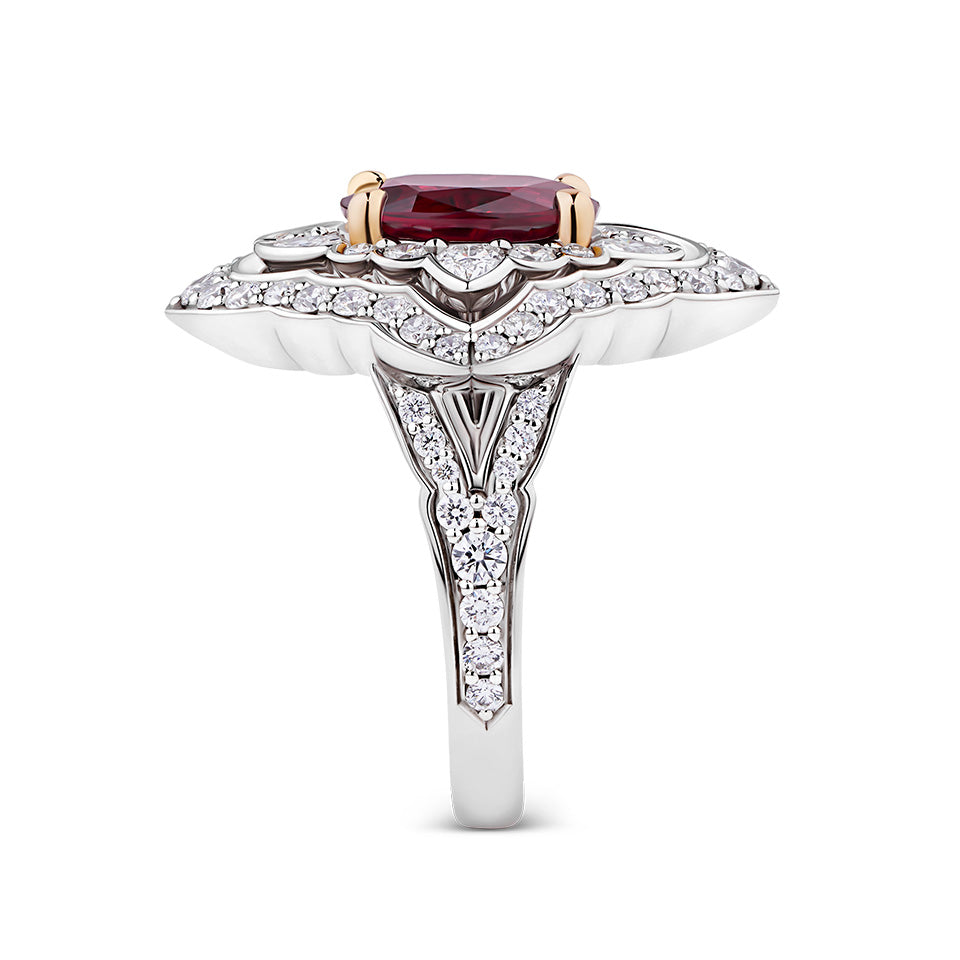 VAULT® 2.83 Carat Oval Cut Mozambique Ruby and 1.53 Carat Diamond Ring in 18ct White and Rose Gold