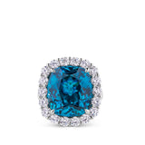VAULT® 21.91 Carat Cushion Cut Blue Cambodian Zircon and 2.16 Carat Round Brilliant Cut Diamond Halo Ring in 18ct White Gold