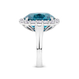 VAULT® 21.91 Carat Cushion Cut Blue Cambodian Zircon and 2.16 Carat Round Brilliant Cut Diamond Halo Ring in 18ct White Gold