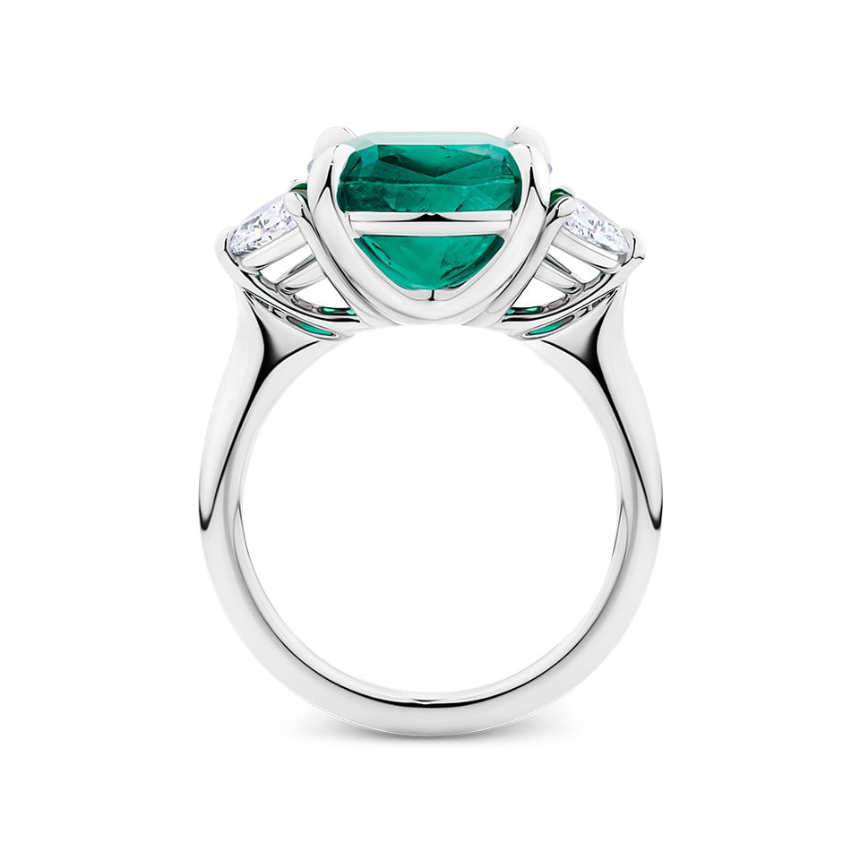 VAULT® 5.40 Carat Colombian Emerald and 0.84 Carat Half Moon Diamond Trilogy Ring in 18ct White Gold