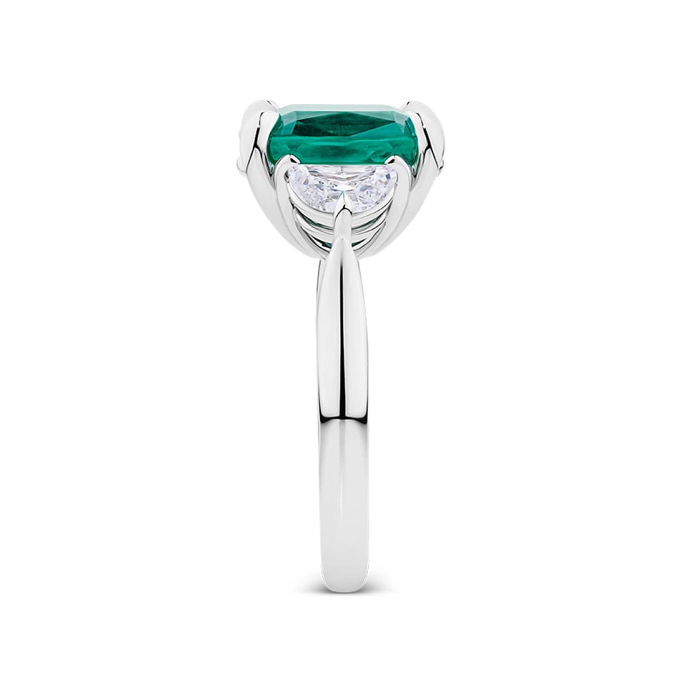 VAULT® 5.40 Carat Colombian Emerald and 0.84 Carat Half Moon Diamond Trilogy Ring in 18ct White Gold