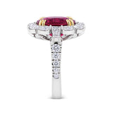 VAULT® 5.67 Carat Cushion Cut Brazilian Rubellite Tourmaline and 2.41 Carat Diamond Halo Ring in 18ct Yellow and White Gold