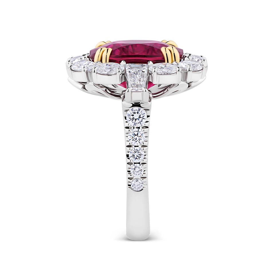 VAULT® 5.67 Carat Cushion Cut Brazilian Rubellite Tourmaline and 2.41 Carat Diamond Halo Ring in 18ct Yellow and White Gold