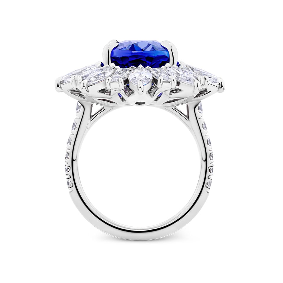 VAULT® 7.80 Carat Oval Cut Tanzanite and 4.91 Carat Diamond Halo Ring in 18ct White Gold
