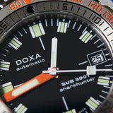 DOXA SUB 300T Sharkhunter Automatic 42.50mm Watch 840.10.101.20 - close up of dial showing orange accents and date display
