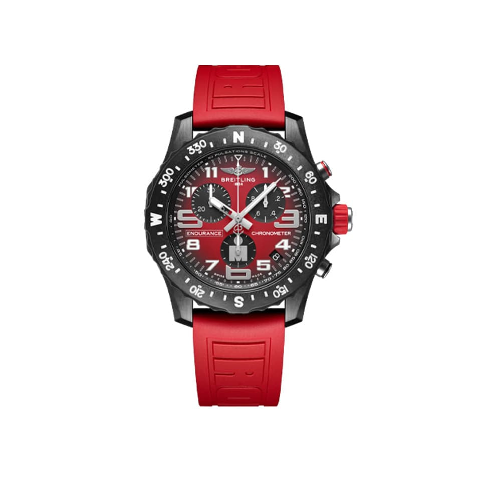 Breitling Endurance Pro Quartz Chronograph 44mm Watch X823109A1K1S1 displays its distinctive IRONMAN® red dial with a compass scale bidirectional bezel. The lightweight Breitlight® case is 3.3 times lighter than titanium and 5.8 times lighter than stainless steel.