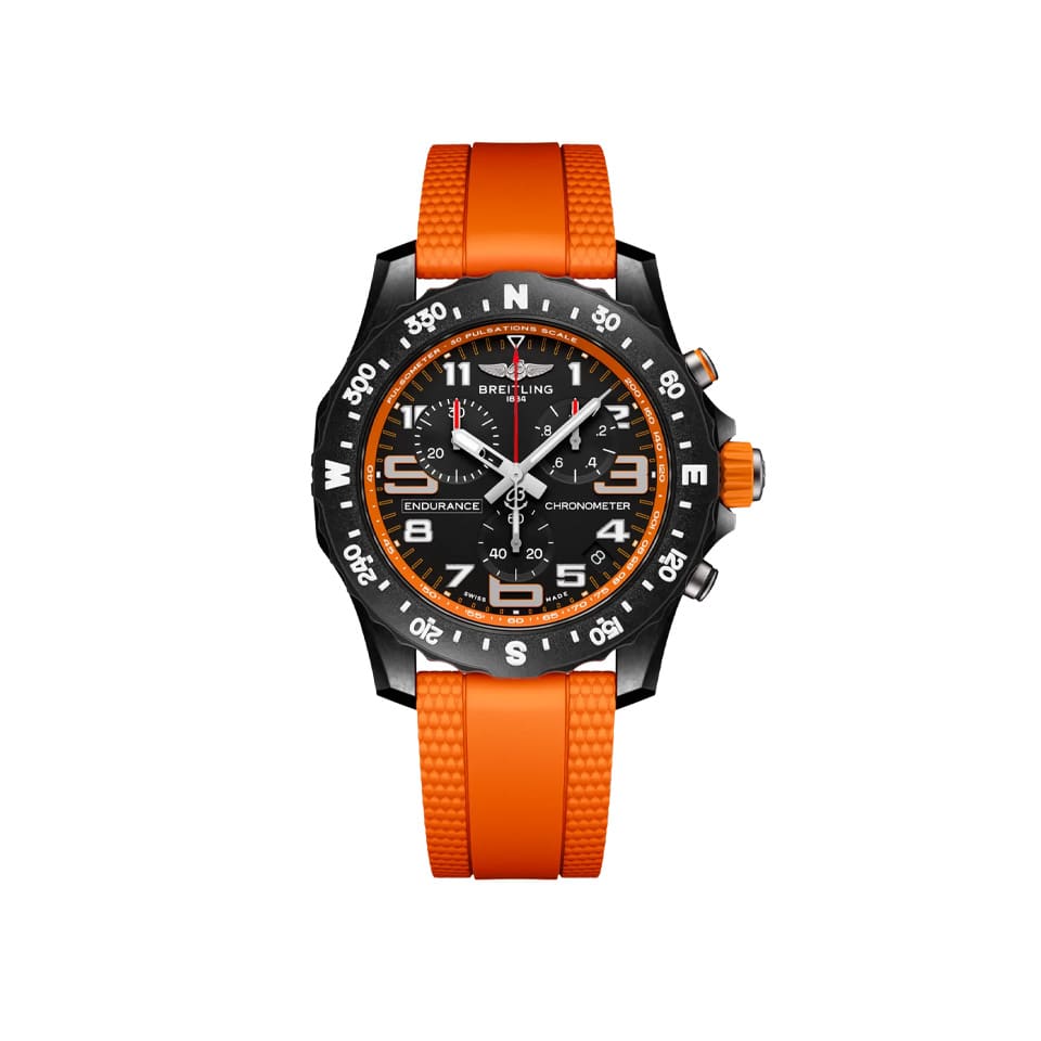 Breitling Endurance Pro Quartz Chronograph 44mm Watch X82310A51B1S2 displays its black dial with a compass scale bidirectional bezel and pulsometer detailing. The lightweight Breitlight® case is 3.3 times lighter than titanium and 5.8 times lighter than stainless steel.