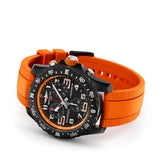 Breitling Endurance Pro Quartz Chronograph 44mm Watch X82310A51B1S2 reveals the detail of its orange rubber strap. The Breitlight® tang-type buckle matches the case material for a cohesive, lightweight design