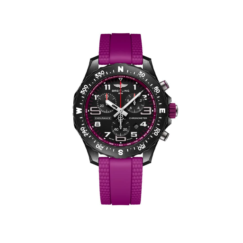Breitling Endurance Pro Quartz Chronograph 38mm Watch X83310F61B1S1 displays its black dial with a compass scale bidirectional bezel and pulsometer detailing. The lightweight Breitlight® case is 3.3 times lighter than titanium and 5.8 times lighter than stainless steel.