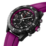 Breitling Endurance Pro Quartz Chronograph 38mm Watch X83310F61B1S1 shows the sapphire crystal and textured Breitlight® finish from an angled perspective. The purple rubber strap curves into the 38mm case for an athletic, everyday-wear profile.