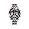 Breitling Classic AVI Automatic Chronograph 42mm Watch Y233801A1B1A1 displays its black dial with large, legible Arabic numerals and a matching knurled bezel. The stainless steel case pays tribute to the de Havilland Mosquito's "Wooden Wonder" aviation heritage.
