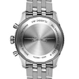 Breitling Classic AVI Automatic Chronograph 42mm Watch Y233801A1B1A1 features a screwed-in case back protecting the self-winding Breitling Caliber 23 movement. The case back sits within the 42mm stainless steel case, measuring 14.7mm in thickness.