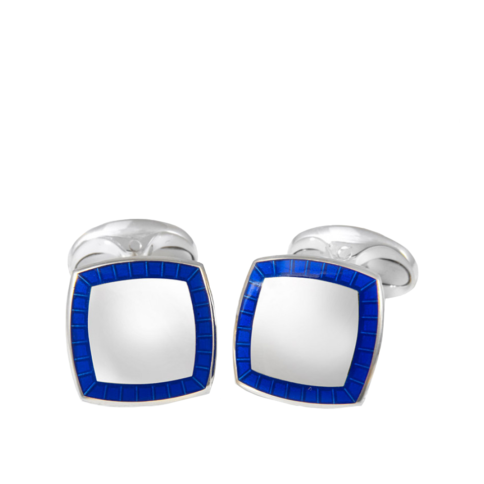 Sterling Silver Cufflinks with Blue Enamel Border