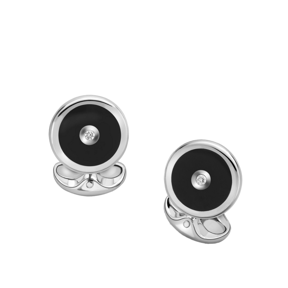 Sterling Silver Round Cufflinks with Onyx and Diamond
