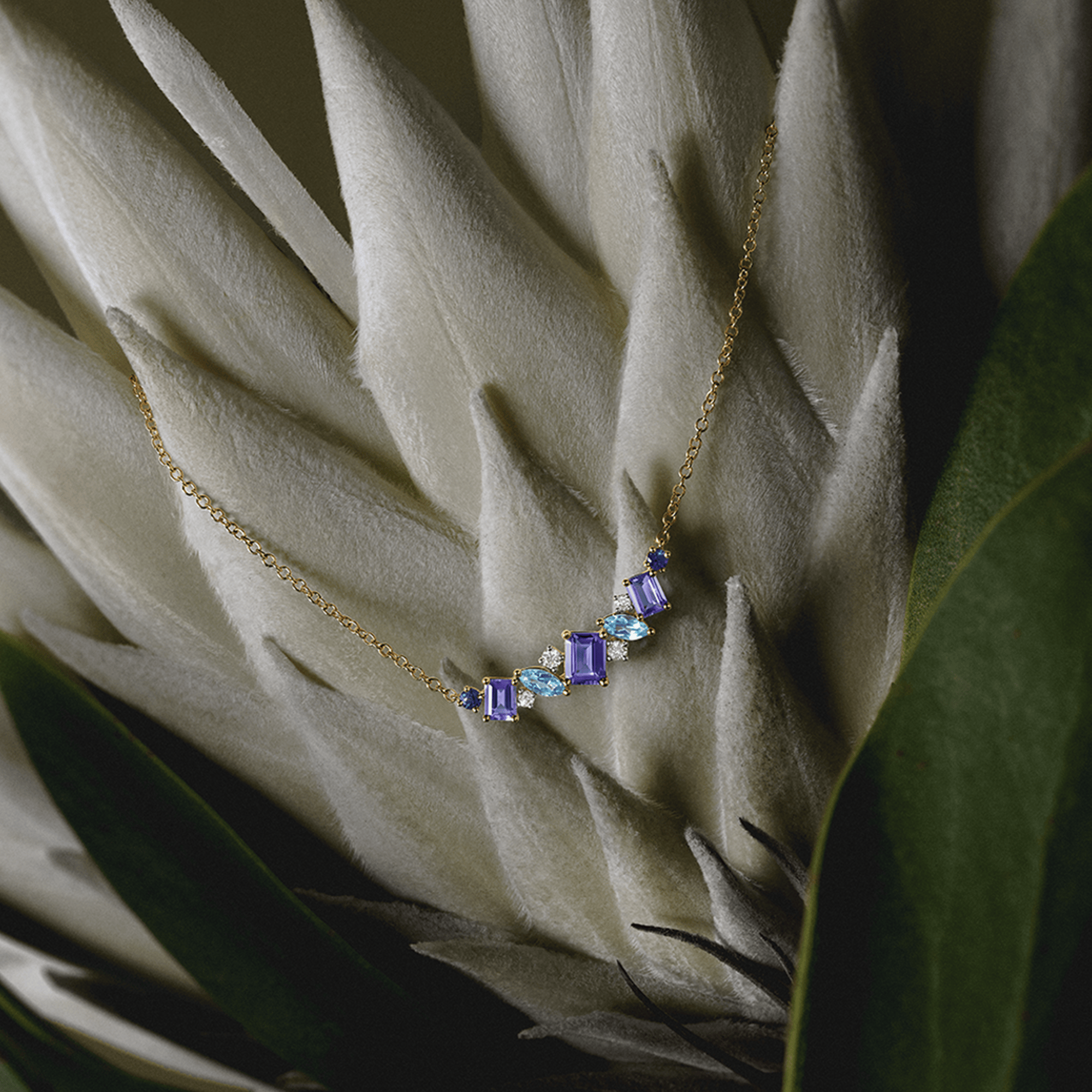 Elysian Tanzanite Topaz Sapphire and Diamond Necklace Cluster in 18ct Yellow Gold