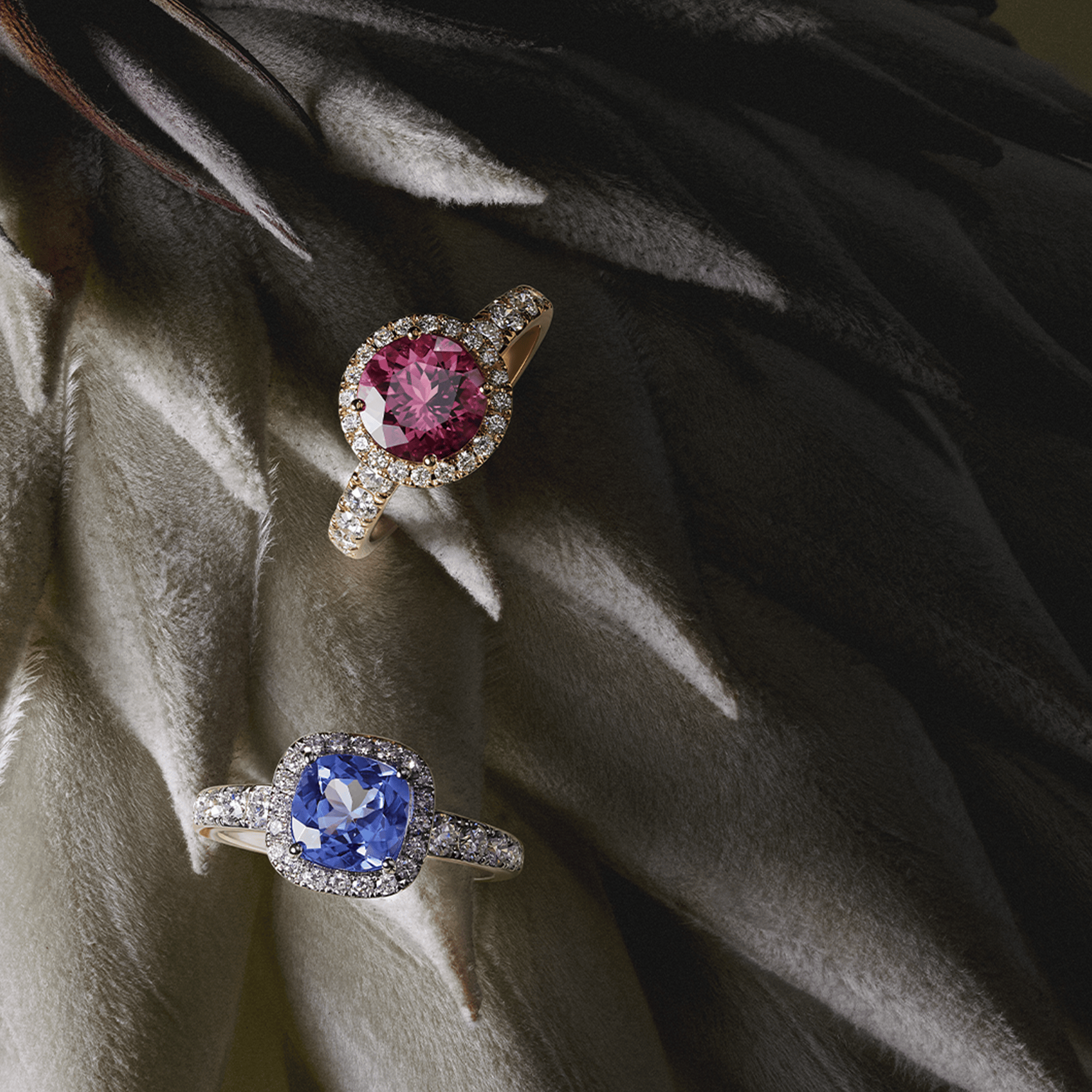 Tanzanite Cushion and Diamond Halo Ring in 18ct White Gold