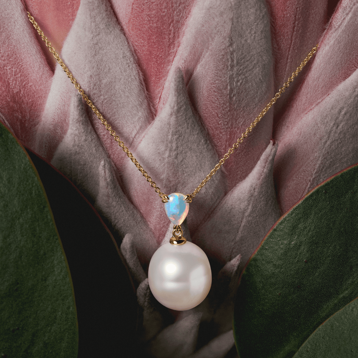Australian Opal and South Sea Pearl Pendant in 18ct Yellow Gold